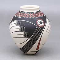 A polychrome jar with a raised rim and decorated with a three-panel geometric design
 by Mirna Hernandez of Mata Ortiz and Casas Grandes