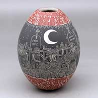 A polychrome jar decorated with a sgraffito Night of the Dead at the cemetery and geometric design
 by Hector Javier Martinez of Mata Ortiz and Casas Grandes