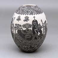 A black on white jar decorated with a sgraffito Day of the Dead at the Cemetery and geometric design
 by Hector Javier Martinez of Mata Ortiz and Casas Grandes