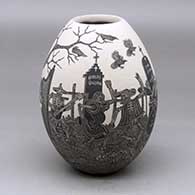 A black on white jar decorated with a sgraffito Day of the Dead at the cemetery design
 by Hector Javier Martinez of Mata Ortiz and Casas Grandes
