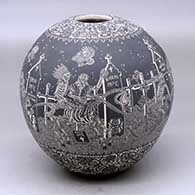 A black on white jar decorated with a sgraffito Night of the Dead at the cemetery and geometric design
 by Hector Javier Martinez of Mata Ortiz and Casas Grandes