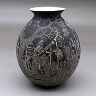 A black on white jar with a rolled lip and decorated with a sgraffito Night of the Dead at the Cemetery design
 by Hector Javier Martinez of Mata Ortiz and Casas Grandes
