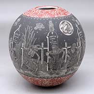 A polychrome jar decorated with a sgraffito Night of the Dead at the cemetery and geometric design
 by Hector Javier Martinez of Mata Ortiz and Casas Grandes