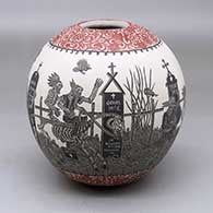 A polychrome jar decorated with a sgraffito Day of the Dead at the Cemetery and geometric design
 by Hector Javier Martinez of Mata Ortiz and Casas Grandes