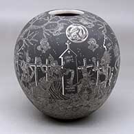 A black on white jar decorated with a sgraffito Night of the Dead at the cemetery design
 by Hector Javier Martinez of Mata Ortiz and Casas Grandes
