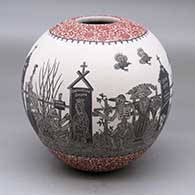 A polychrome jar decorated with a sgraffito Day of the Dead at the Cemetery and geometric design
 by Hector Javier Martinez of Mata Ortiz and Casas Grandes