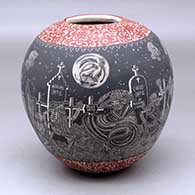 A polychrome jar decorated with a sgraffito Night of the Dead at the cemetery and geometric design
 by Hector Javier Martinez of Mata Ortiz and Casas Grandes