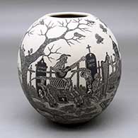 A black on white jar decorated with a sgraffito Day of the Dead at the cemetery design
 by Hector Javier Martinez of Mata Ortiz and Casas Grandes