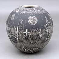 A black on white jar decorated with a sgraffito Night of the Dead at the cemetery and geometric design
 by Hector Javier Martinez of Mata Ortiz and Casas Grandes