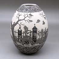 A black on white jar decorated with a sgraffito Day of the Dead at the Cemetery and geometric design
 by Hector Javier Martinez of Mata Ortiz and Casas Grandes