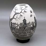 A black on white jar decorated with a sgraffito Night of the Dead at the cemetery and geometric design
 by Hector Javier Martinez of Mata Ortiz and Casas Grandes