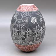 Click for a larger view A polychrome jar decorated with a sgraffito Night of the Dead at the cemetery and geometric design
by Hector Javier Martinez of Mata Ortiz and Casas Grandes