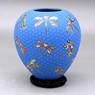 A polychrome jar decorated with a sgraffito and painted dragonfly and geometric mesh design
 by Elicena Cota of Mata Ortiz and Casas Grandes