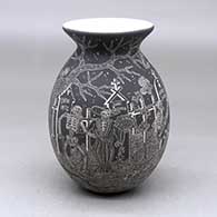 A black on white jar with a rolled lip and decorated with a sgraffito Night of the Dead at the Cemetery design
 by Hector Javier Martinez of Mata Ortiz and Casas Grandes