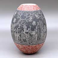 A polychrome jar decorated with a sgraffito Night of the Dead with Native Americans at the Cemetery and geometric design
 by Hector Javier Martinez of Mata Ortiz and Casas Grandes