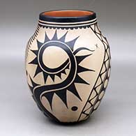 A polychrome jar decorated with a two panel germination and geometric design
 by Virgil Ortiz of Cochiti