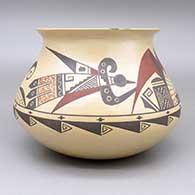 Polychrome jar with a flared opening and a sgraffito and painted geometric design, click or tap to see a larger version