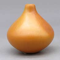 A small yellow jar with a thin, short neck and decorated with fire clouds
 by Mark Tahbo of Hopi