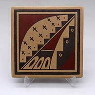 A polychrome tile decorated with a bird element, star, kiva step and geometric design
 by Stetson Setalla of Hopi