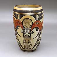 A polychrome cylinder decorated with a two panel thunderbird and geometric design
 by Navaquavi of Hopi