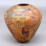 A polychrome vase decorated with a bird element, katsina and geometric design
 by Jacob Koopee of Hopi