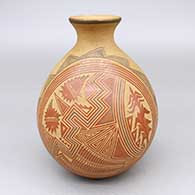 Red and black jar with a flared opening and a sgraffito and painted cornstalk, sun face, feather, and geometric design
 by Glendora Fragua of Jemez