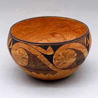 A mixed clay bowl decorated around the outside with a six panel black fineline and geometric design
 by Calvin Analla Jr of Laguna