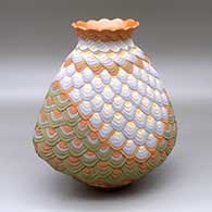 An oval lazy coil polychrome jar with a recurved pie crust neck and decorated with a geometric design
 by Jamie Zane Smith of Wyandot