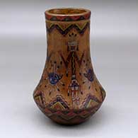 A polychrome tall neck jar decorated with a four panel sgraffito and painted yeibichai, sun shield and geometric design
 by Nancy Yazzie of Dineh