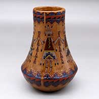 A polychrome low shouldered jar with a tall neck and decorated with a sgraffito and painted yeibichai, feather and geometric design
 by Nancy Yazzie of Dineh
