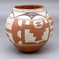 A polychrome jar decorated with a four panel kiva step, bird element and geometric design
 by Eudora Montoya of Santa Ana