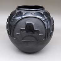 Large black jar with a four-panel carved kiva step and geometric design
 by Christina Naranjo of Santa Clara