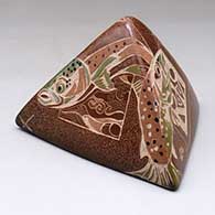 Click for a larger view A polychrome three-sided pyramidal piece decorated with a sgraffito and painted rainbow trout, frog and geometric design
by Dusty Naranjo of Santa Clara