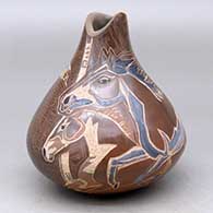 A polychrome gourd-shaped jar with an organic opening and a sgraffito and painted horse, sparrow, dragonfly and geometric design
 by Dusty Naranjo of Santa Clara