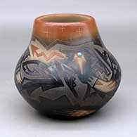 A black jar with a sienna rim and spots, an inlaid stone and a sgraffito star, avanyu and geometric design
 by Sammy Naranjo of Santa Clara