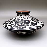 A low shouldered polychrome jar decorated with a fish, water symbol and geometric design
 by Thomas Tenorio of Santo Domingo