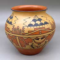 A polychrome jar with a recurved neck and decorated with a four panel sunface, cloud, rain, lightning bolt, corn plant and geometric design
 by Ricardo Ortiz of San Felipe