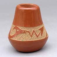 Click for a larger view A small low shouldered red jar decorated with a sgraffito avanyu design above the shoulder
by Juan Tafoya of San Ildefonso