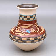 A polychrome vase with a recurved neck, strands of inlaid heishi beads, single inlaid stones, and a sgraffito avanyu, checkerboard and geometric design
 by Russell Sanchez of San Ildefonso