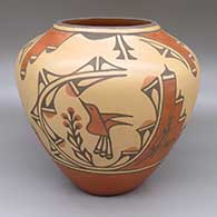 Polychrome jar with a three panel hummingbird, flower, cornstalk, and geometric design
 by Ruby Panana of Zia