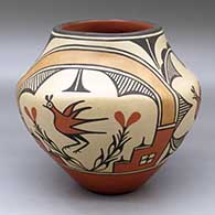 A polychrome jar decorated with a four-panel roadrunner, rainbow, cloud formation and geometric design
 by Maxine Medina of Zia