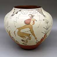 A large polychrome jar decorated with a four panel Zia Deer Dancers and geometric design
 by Sofia Medina of Zia