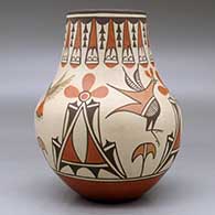 A tall neck polychrome jar decorated with a two-panel hummingbird, roadrunner, flower and geometric design, click or tap to see a larger version