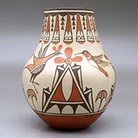 A tall neck polychrome jar decorated with a two-panel hummingbird, roadrunner, flower and geometric design, click or tap to see a larger version