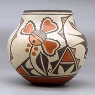 A small polychrome jar decorated with a four panel roadrunner, sunflower, rainbird and geometric design, click or tap to see a larger version