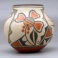 A small polychrome jar decorated with a four panel roadrunner, sunflower, rainbird and geometric design, click or tap to see a larger version