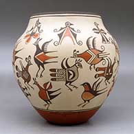 A polychrome jar decorated with images of birds from throughout Zia pottery history, click or tap to see a larger version