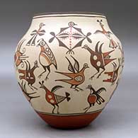 A polychrome jar decorated with images of birds from throughout Zia pottery history, click or tap to see a larger version