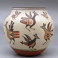 A polychrome jar decorated with images of roadrunners from throughout Zia pottery history, click or tap to see a larger version
