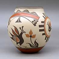 A polychrome jar decorated with a four panel roadrunner, Zia sun sign, flower, rainbow and geometric design, click or tap to see a larger version